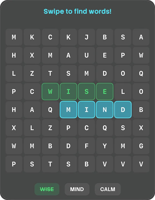 Word Search: a letter grid with found words highlighted