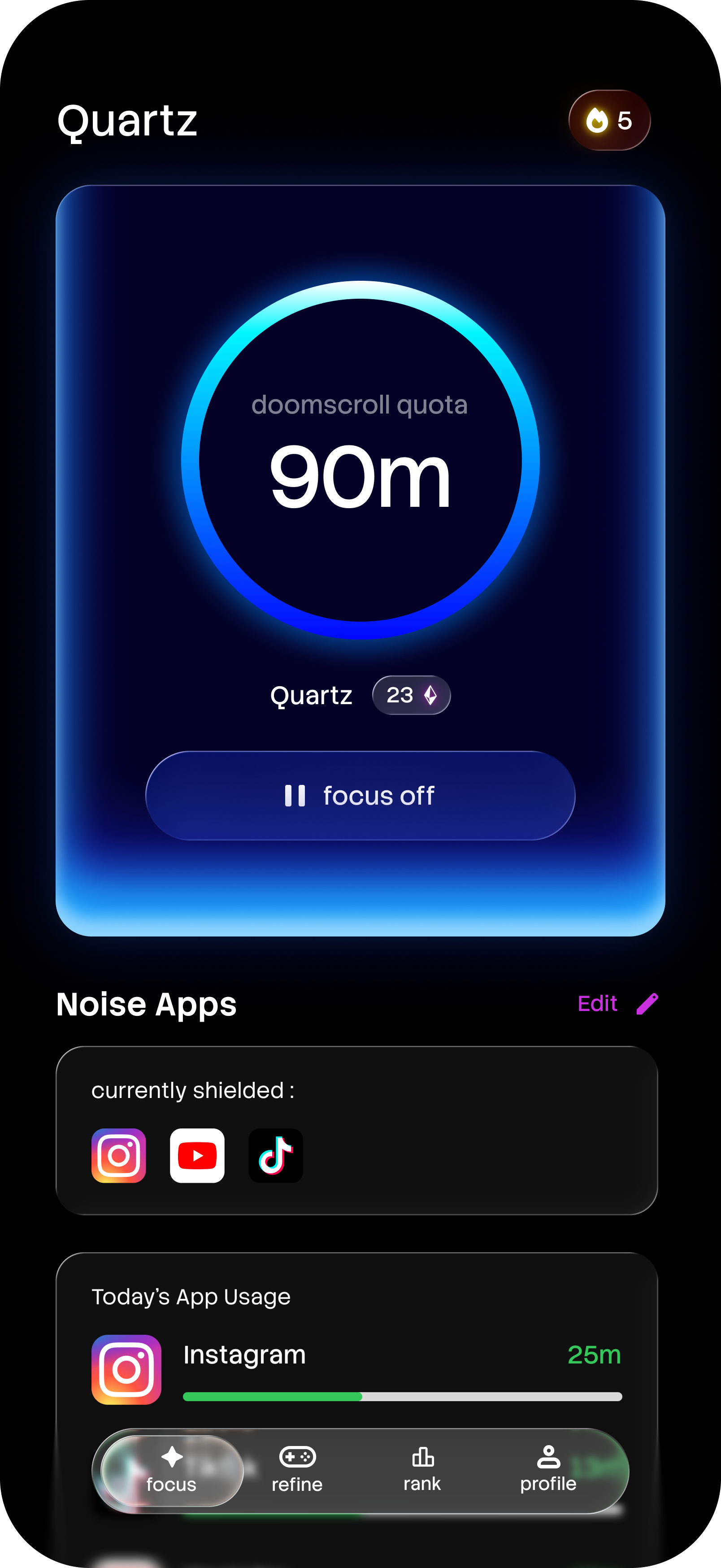 Quartz home screen showing the doomscroll quota timer ring