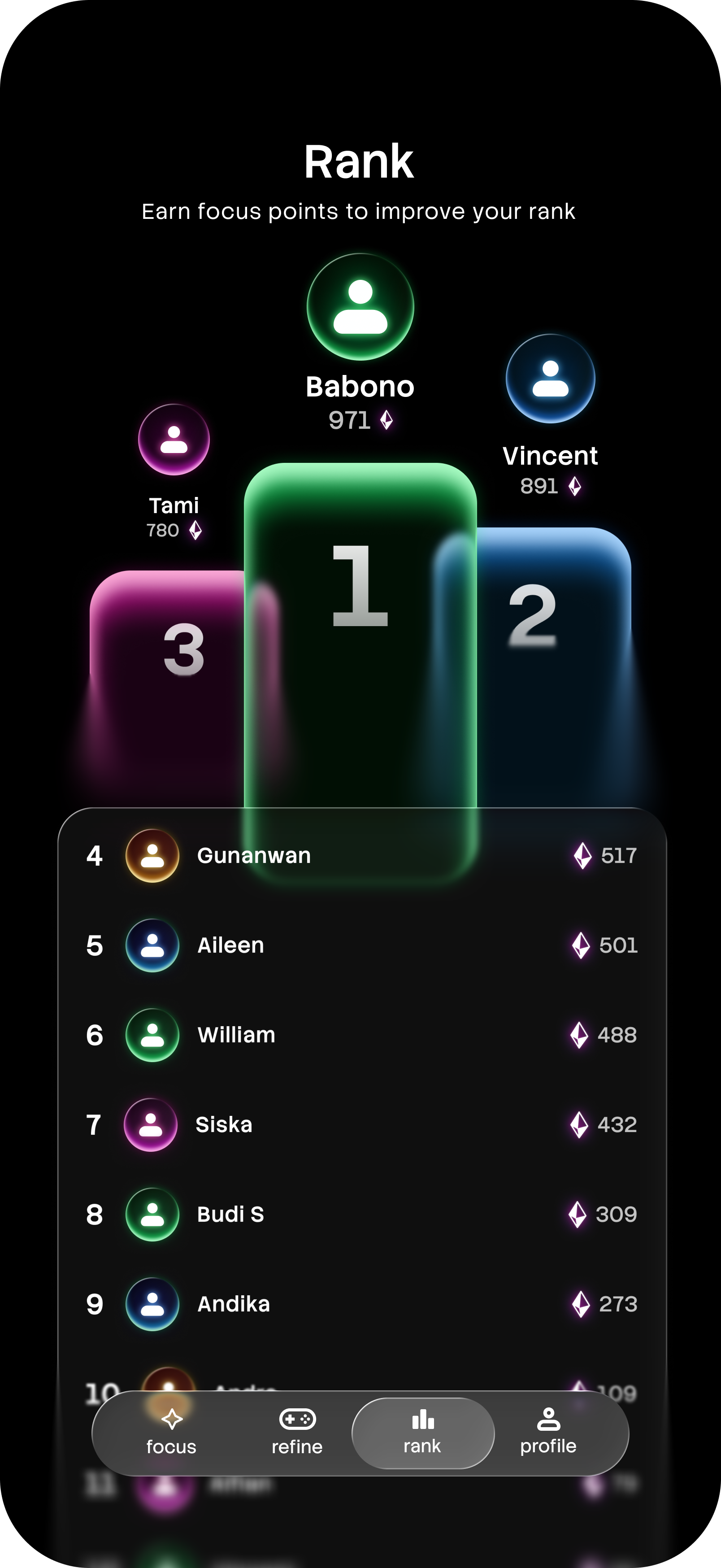 Quartz leaderboard showing ranked users and streak badges